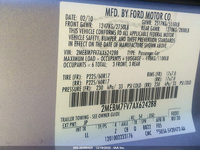2010 MERCURY GRAND MARQUIS LS VIN: 2MEBM7FV7AX624288