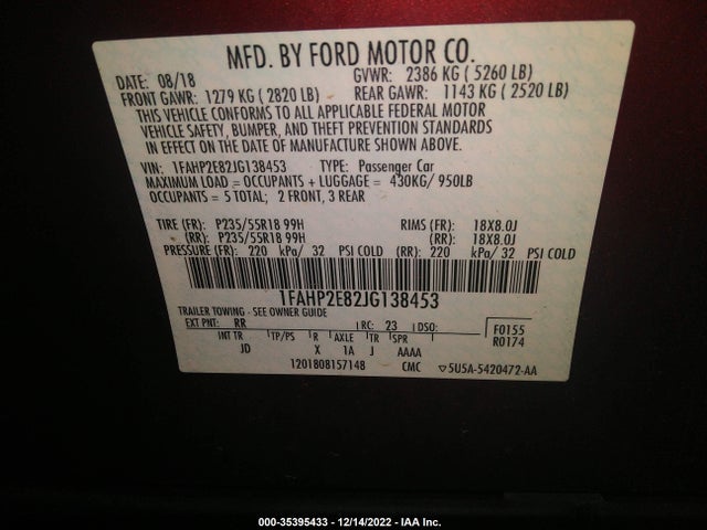 2018 Ford Taurus, VIN: 1FAHP2E82JG138453