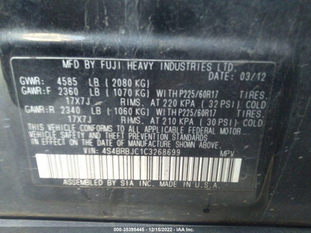 2012 SUBARU OUTBACK 2.5I LIMITED VIN: 4S4BRBJC1C3268699