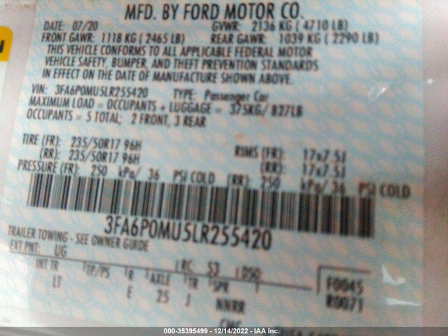 2020 Ford Fusion, VIN: 3FA6P0MU5LR255420