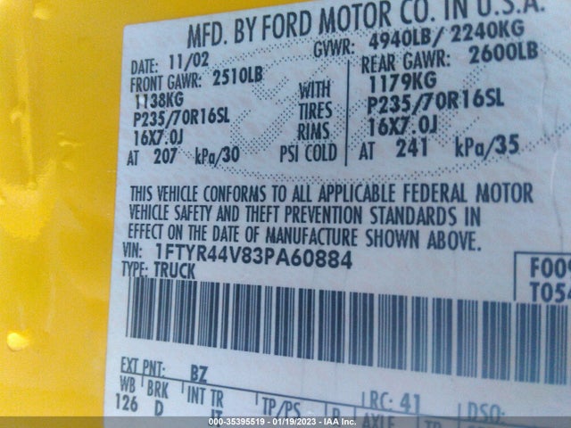 2003 FORD RANGER XL FLEET VIN: 1FTYR44V83PA60884