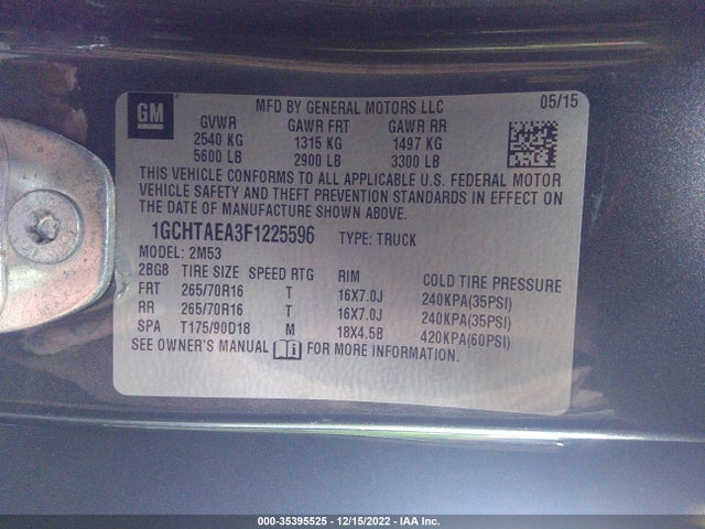 2015 Chevrolet Colorado, VIN: 1GCHTAEA3F1225596