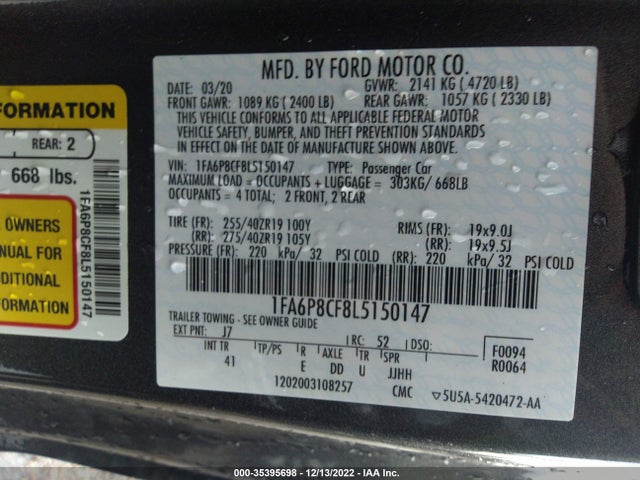 2020 FORD MUSTANG GT VIN: 1FA6P8CF8L5150147