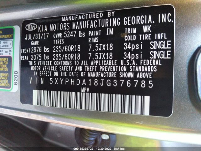 5XYPHDA18JG376785 KIA SORENTO EX