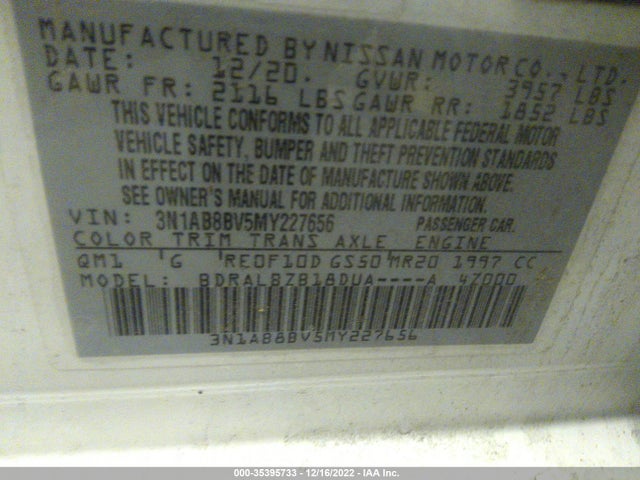 2021 NISSAN SENTRA S VIN: 3N1AB8BV5MY227656