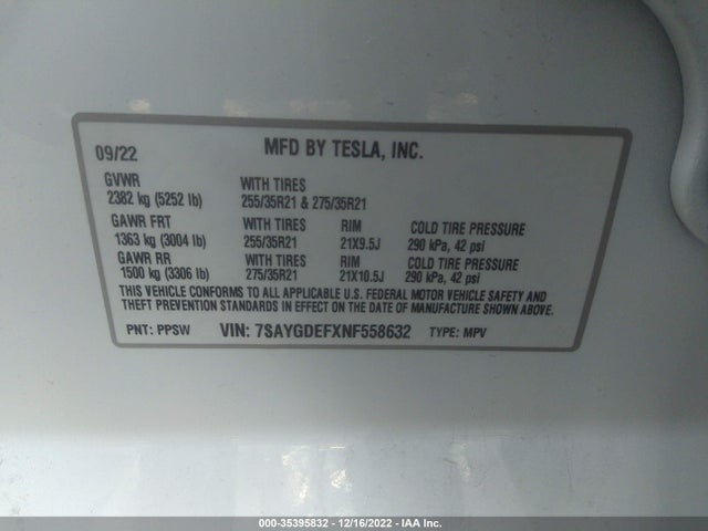 2022 TESLA MODEL Y PERFORMANCE VIN: 7SAYGDEFXNF558632