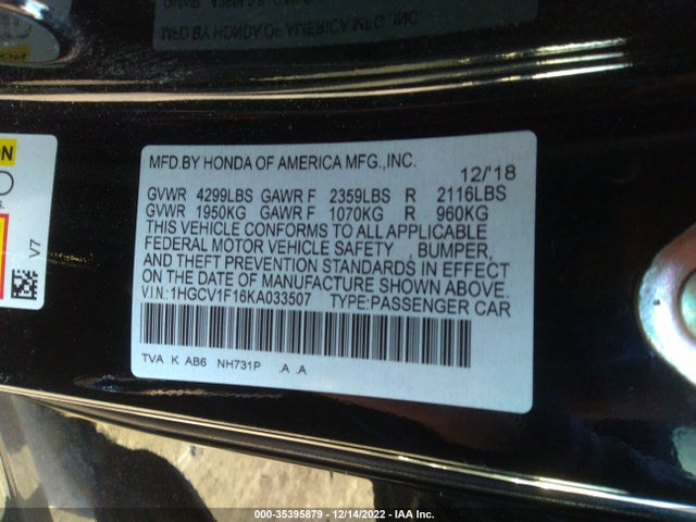 2019 HONDA ACCORD SEDAN LX 1.5T VIN: 1HGCV1F16KA033507