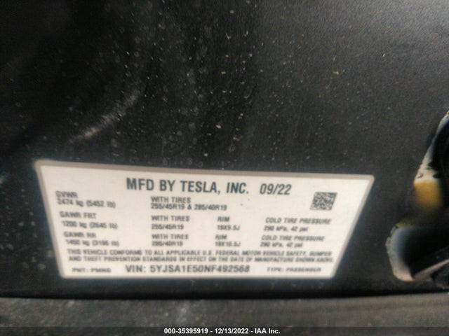 2022 Tesla Model S, VIN: 5YJSA1E50NF492568