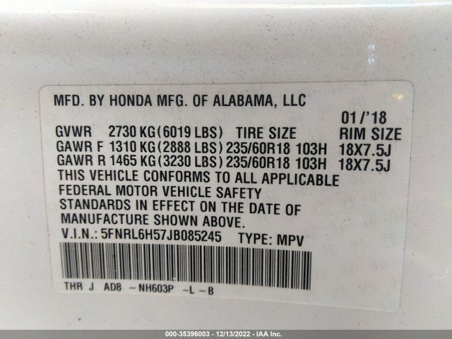 2018 Honda Odyssey, VIN: 5FNRL6H57JB085245