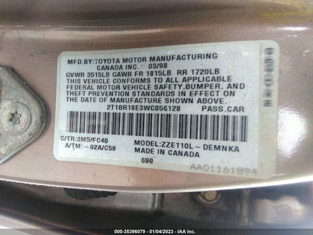1998 TOYOTA COROLLA VE/CE/LE VIN: 2T1BR18E3WC056128