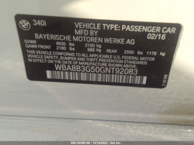 WBA8B3G50GNT92083 BMW 3 Series 340i