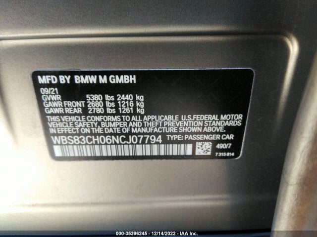 2022 BMW M5, VIN: WBS83CH06NCJ07794