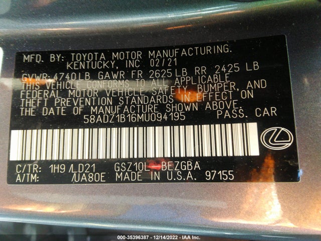 2021 Lexus ES, VIN: 58ADZ1B16MU094195