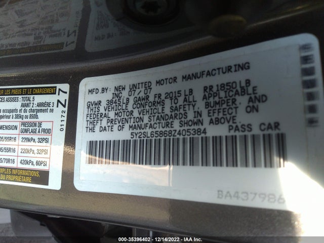 2008 PONTIAC VIBE VIN: 5Y2SL65868Z405384