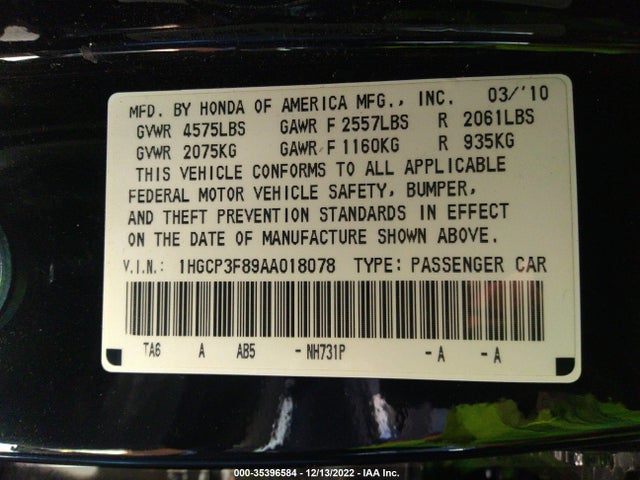 2010 HONDA ACCORD SDN EX-L VIN: 1HGCP3F89AA018078