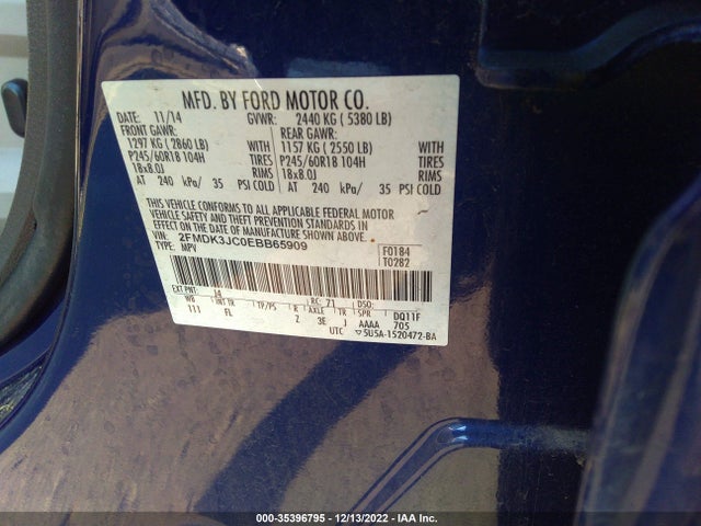2014 FORD EDGE SEL VIN: 2FMDK3JC0EBB65909