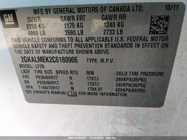 2012 GMC TERRAIN SLE-1 VIN: 2GKALMEK2C6180966