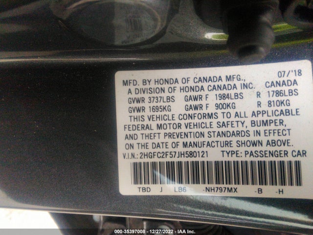 2018 Honda Civic, VIN: 2HGFC2F57JH580121
