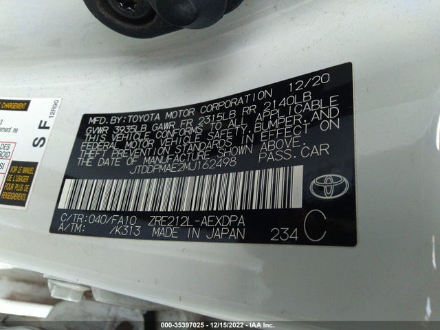2021 TOYOTA COROLLA L VIN: JTDDPMAE2MJ162498