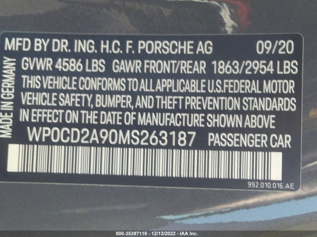 2021 PORSCHE 911 VIN: WP0CD2A90MS263187