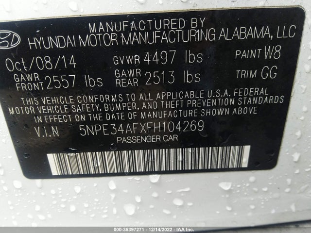 2015 HYUNDAI SONATA 2.4L LIMITED VIN: 5NPE34AFXFH104269