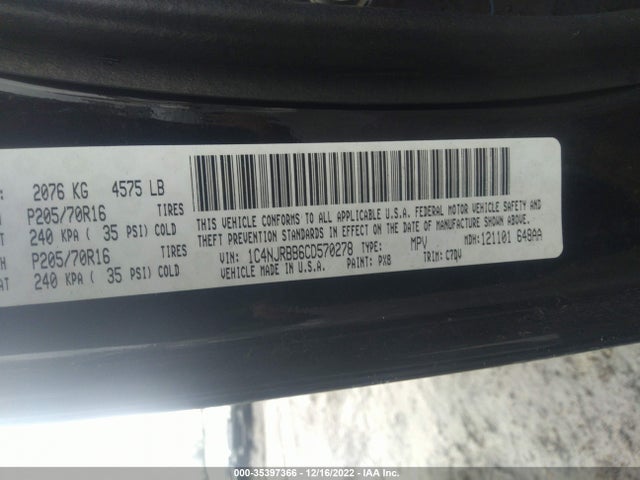 2012 JEEP PATRIOT SPORT VIN: 1C4NJRBB6CD570278