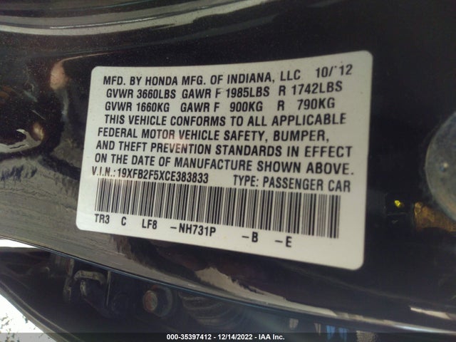 2012 HONDA CIVIC SDN LX VIN: 19XFB2F5XCE383833