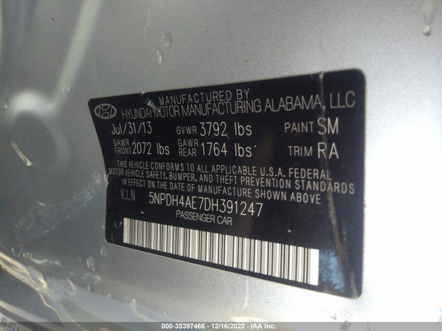 2013 HYUNDAI ELANTRA GLS VIN: 5NPDH4AE7DH391247