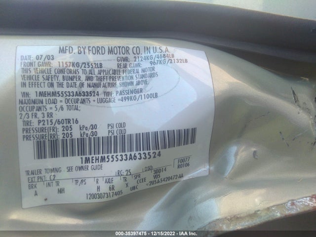 2003 MERCURY SABLE LS PREMIUM VIN: 1MEHM55S33A633524