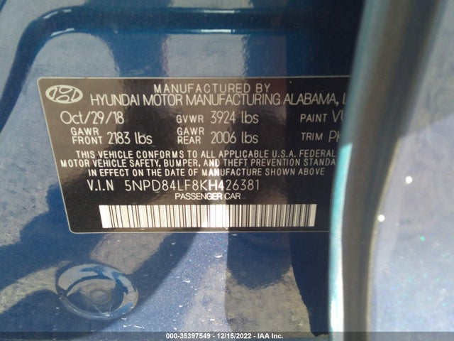 2019 HYUNDAI ELANTRA SEL VIN: 5NPD84LF8KH426381