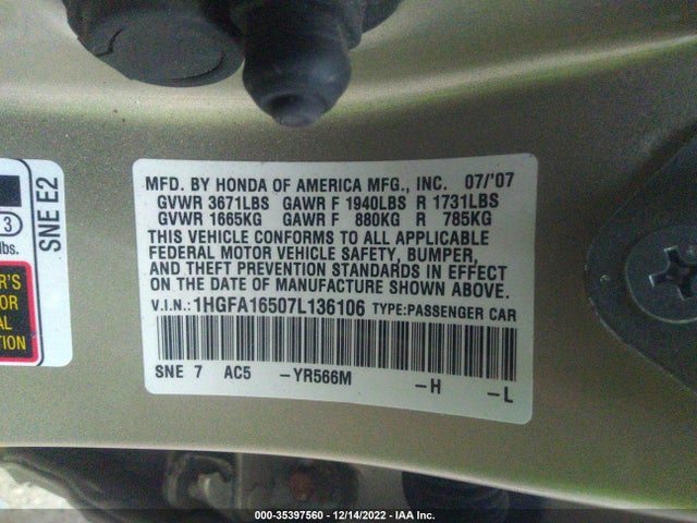 2007 HONDA CIVIC SDN LX VIN: 1HGFA16507L136106