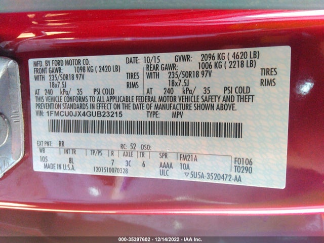 2016 Ford Escape, VIN: 1FMCU0JX4GUB23215