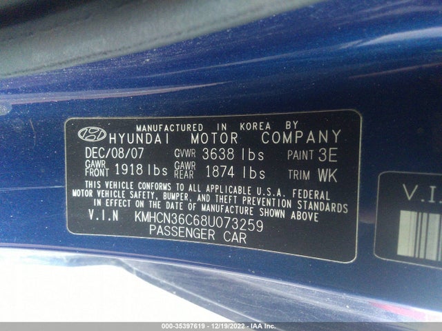 2008 HYUNDAI ACCENT SE VIN: KMHCN36C68U073259