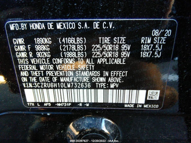 2020 HONDA HR-V SPORT VIN: 3CZRU6H10LM732636