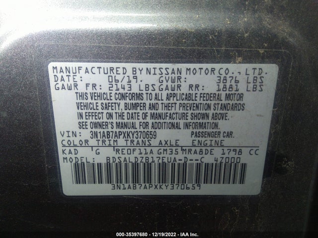 2019 NISSAN SENTRA SV VIN: 3N1AB7APXKY370659