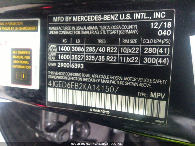 2019 Mercedes-Benz GLE-Class, VIN: 4JGED6EB2KA141507
