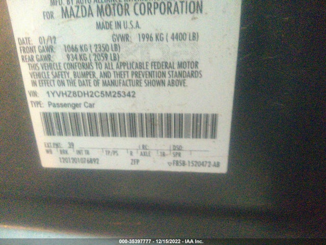 2012 MAZDA MAZDA6 I TOURING VIN: 1YVHZ8DH2C5M25342