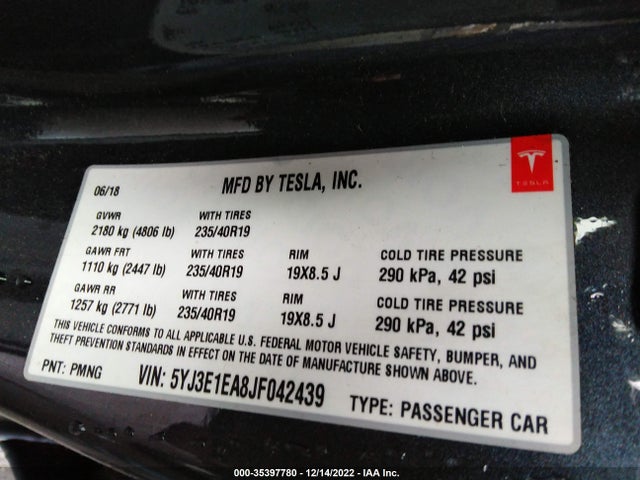 Tesla Model 3 Range Battery 2018 5YJ3E1EA8JF042439 Image 11