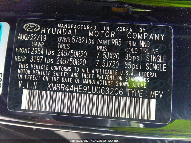 2020 HYUNDAI PALISADE SEL VIN: KM8R44HE9LU063206