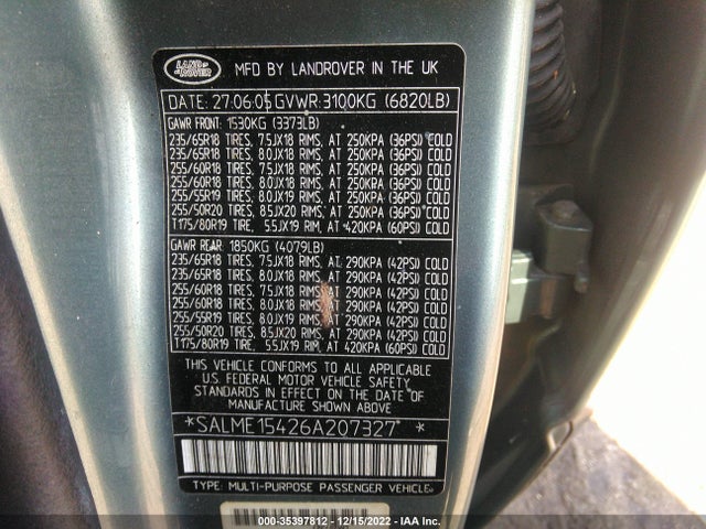 Land Rover Range Rover 2006 SALME15426A207327 Image 10