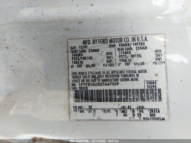2002 FORD RANGER XL/XLT/EDGE VIN: 1FTYR10UX2TA47359