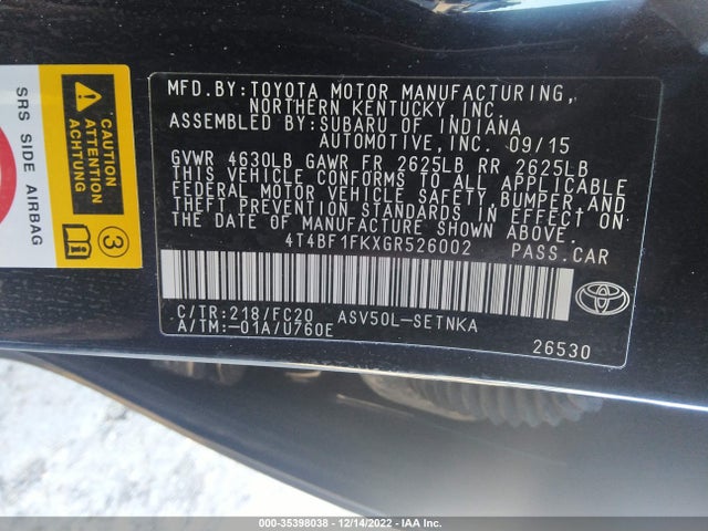 2016 Toyota Camry, VIN: 4T4BF1FKXGR526002