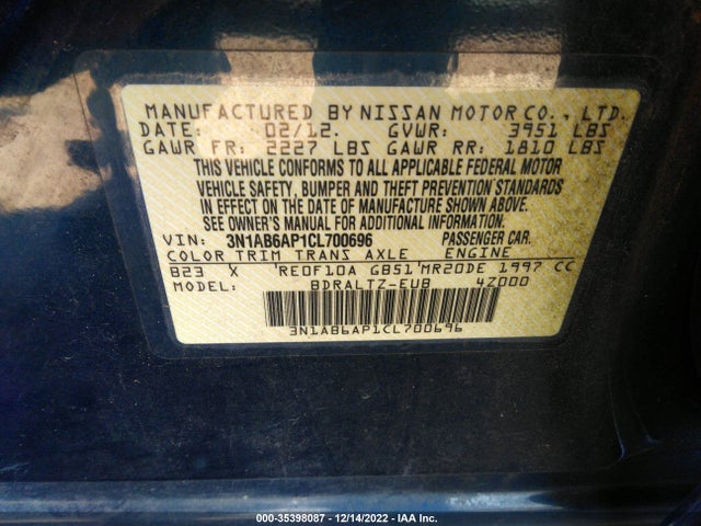 2012 NISSAN SENTRA 2.0 S VIN: 3N1AB6AP1CL700696