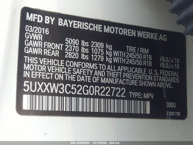 2016 BMW X4, VIN: 5UXXW3C52G0R22722
