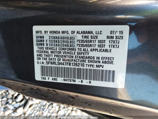 2015 HONDA ODYSSEY EX VIN: 5FNRL5H47FB126210