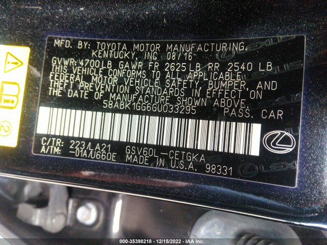 2016 Lexus ES, VIN: 58ABK1GG6GU033295