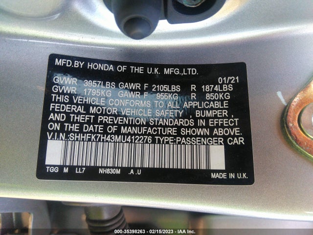 2021 HONDA CIVIC HATCHBACK SPORT VIN: SHHFK7H43MU412276
