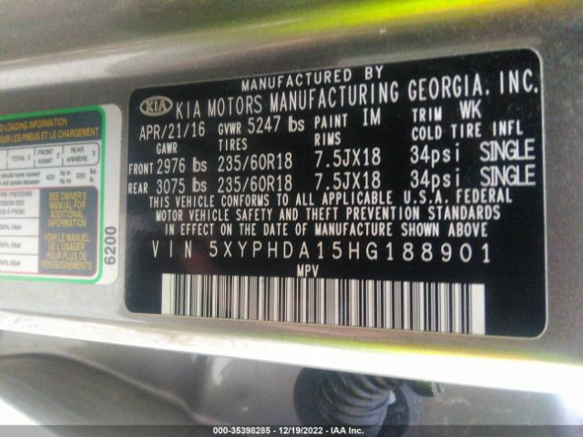 5XYPHDA15HG188901 KIA SORENTO EX