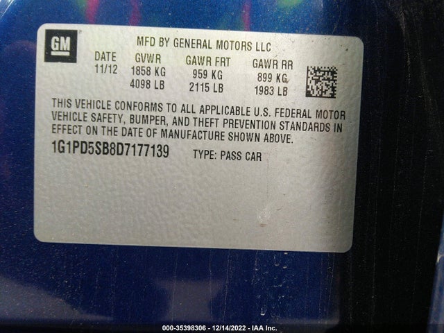 2013 CHEVROLET CRUZE 1LT VIN: 1G1PD5SB8D7177139
