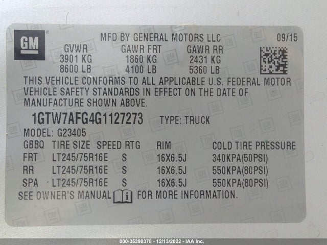 2016 GMC SAVANA CARGO VAN VIN: 1GTW7AFG4G1127273